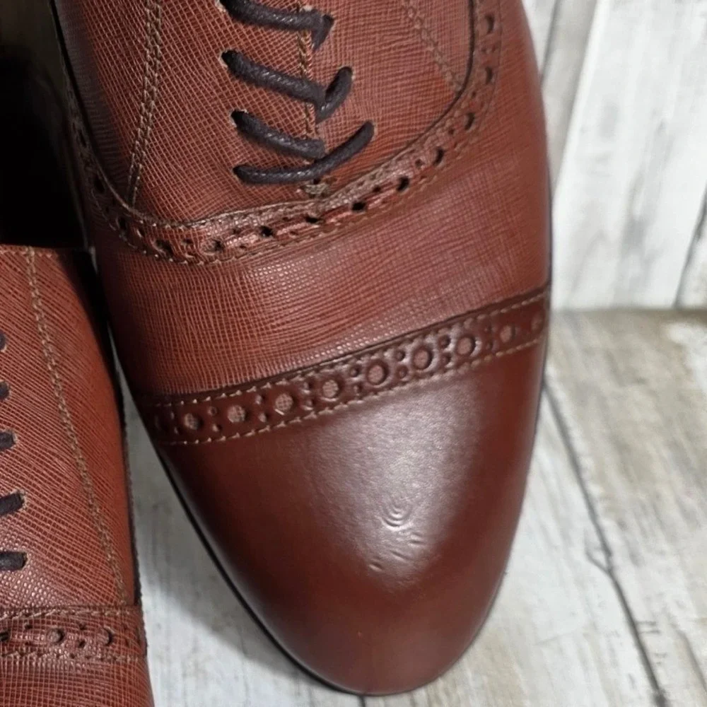 Express Mens Brown Leather Cap Toe Oxford Dress Shoes Brogue Textured size 9